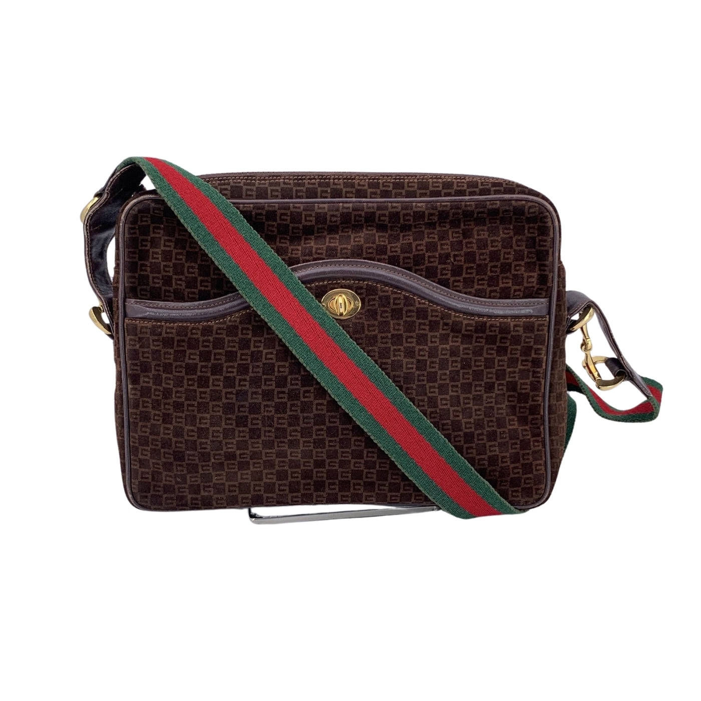 Gucci Vintage Brown Monogram Suede Web Shoulder Bag