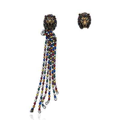 Gucci Lion Head Multicolor Crystals Asymmetric Cascade Earrings