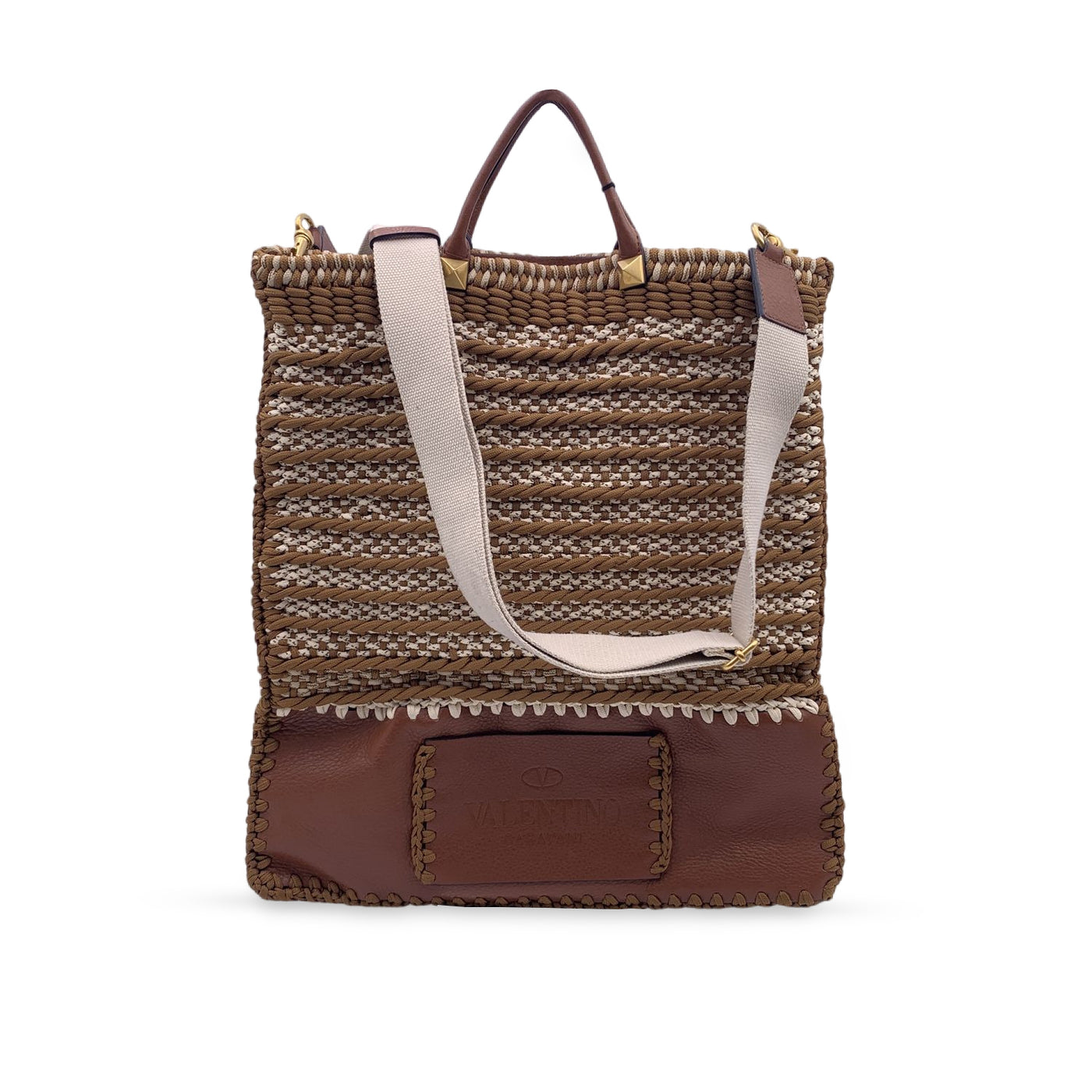 Valentino Garavani Rockstud Brown Leather and Crochet Tote Bag