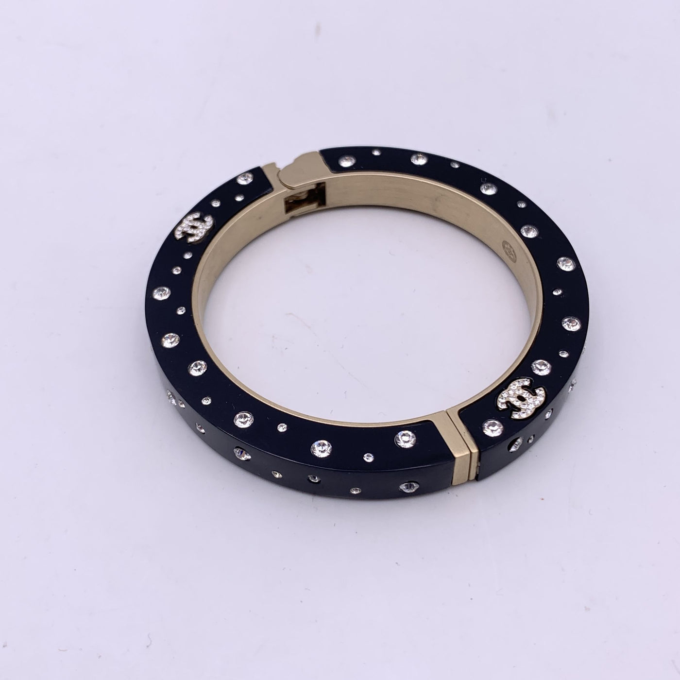 Chanel Black Resin Rhinestone Crystal CC Logo Cuff Bangle Bracelet