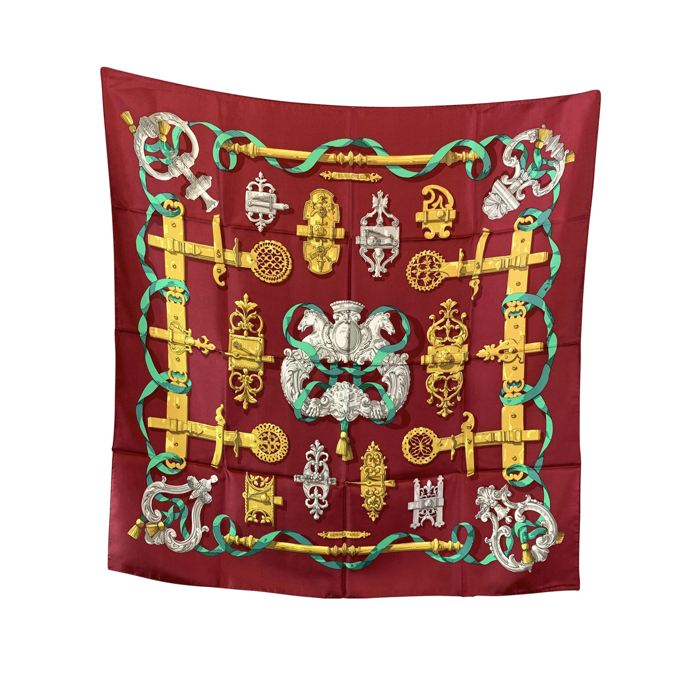 Hermes Paris Vintage Burgundy Silk Scarf Ferronnerie 1970 Cathy Latham