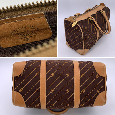 Gucci Vintage Brown Logo Canvas GG Tan Leather Boston Bag