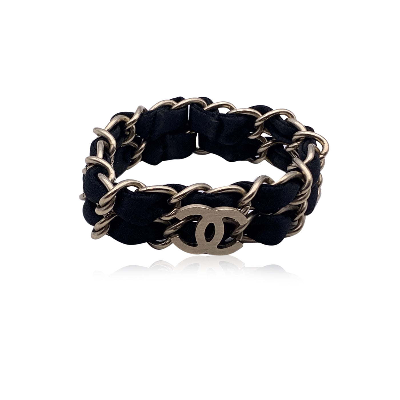 Chanel Gold Metal and Black Ribbon Double Chain CC Logo Bracelet