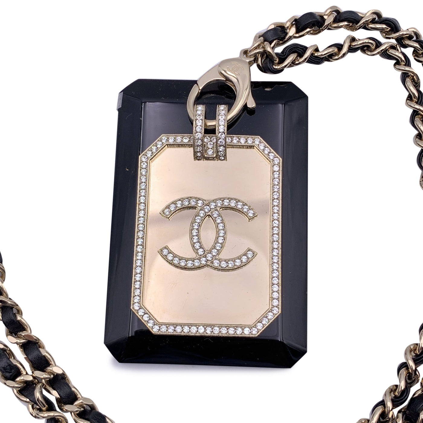 Chanel Gold Metal and Black Card Holder Chain Necklace with Crystals