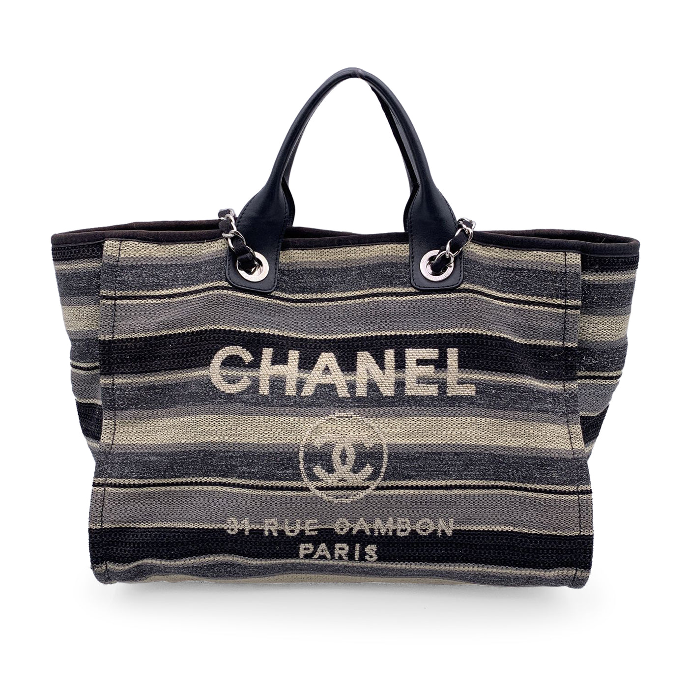 Chanel Black Grey Striped Canvas Medium Deauville Tote Bag