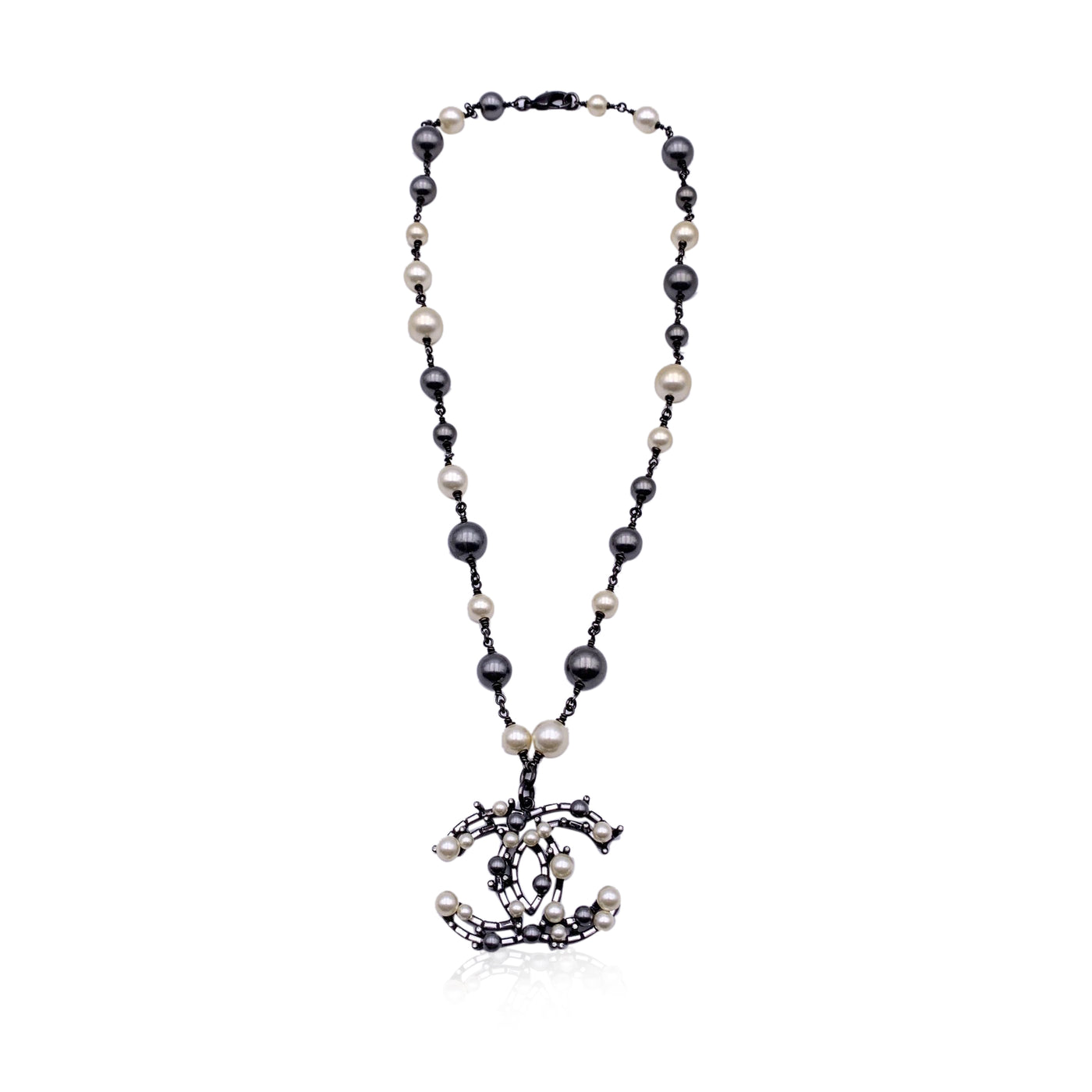 Chanel Ruthenium Metal Pearl Baguette Crystal CC Pendant Necklace