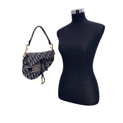 Christian Dior Blue Jacquard Oblique Canvas Embroidery Saddle Bag