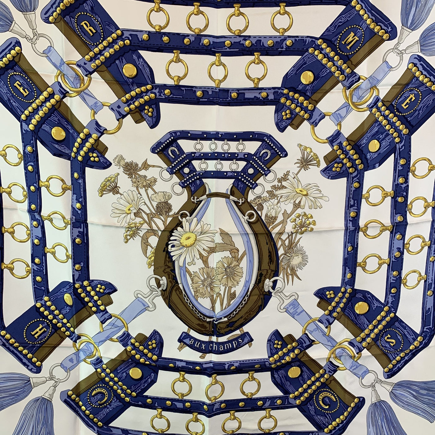 Hermes Paris Vintage Blue Silk Scarf Aux Champs 1970 Cathy Latham