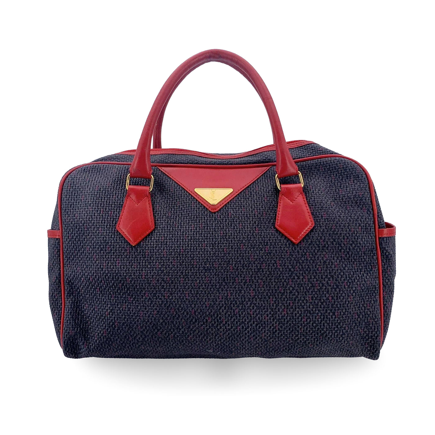 Yves Saint Laurent Grey and Red Textured Vinyl Canvas Satchel Bag