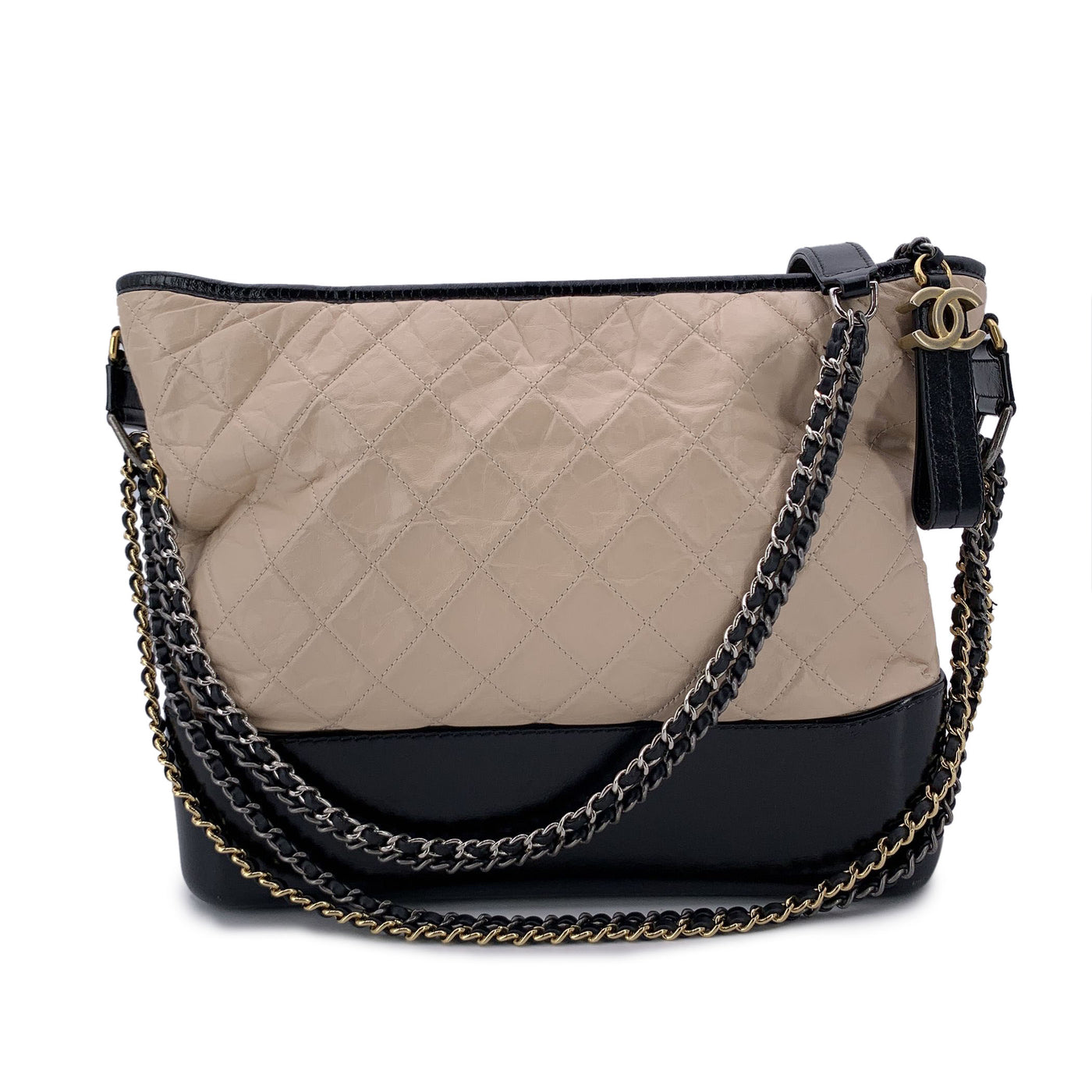 Chanel Beige Black Quilted Leather Gabrielle Large Shoulder Bag