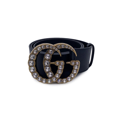 Gucci Black Leather Marmont Wide Belt with Crystal GG Buckle 110/44