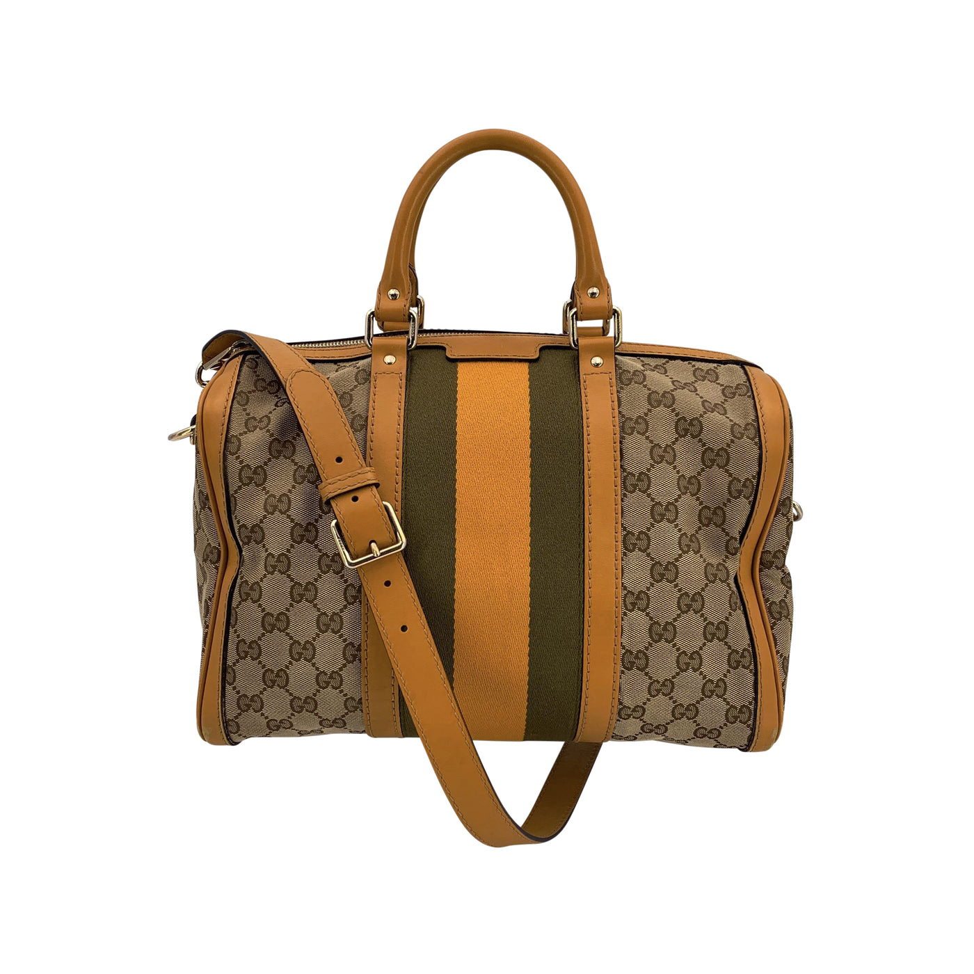 Gucci Beige Monogram Yellow Web Stripes Boston Bag with Strap