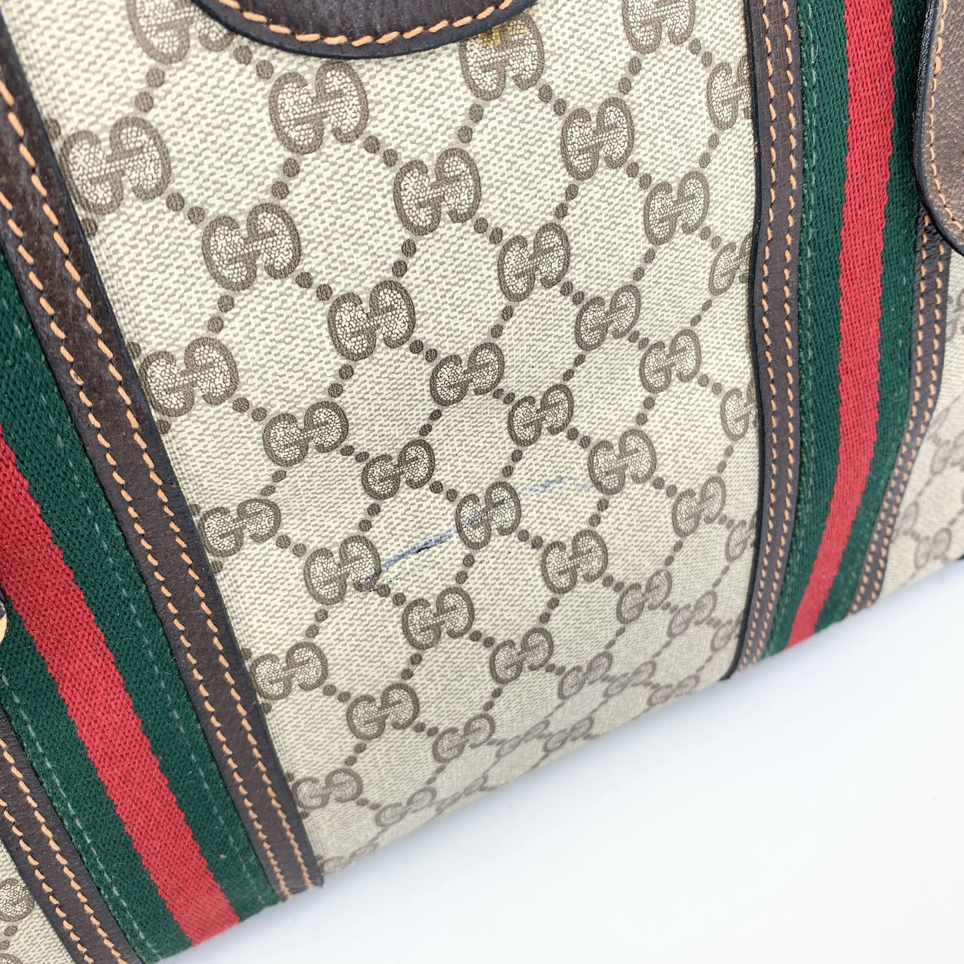 Gucci Vintage Brown Monogram Canvas Satchel Bag with Stripes