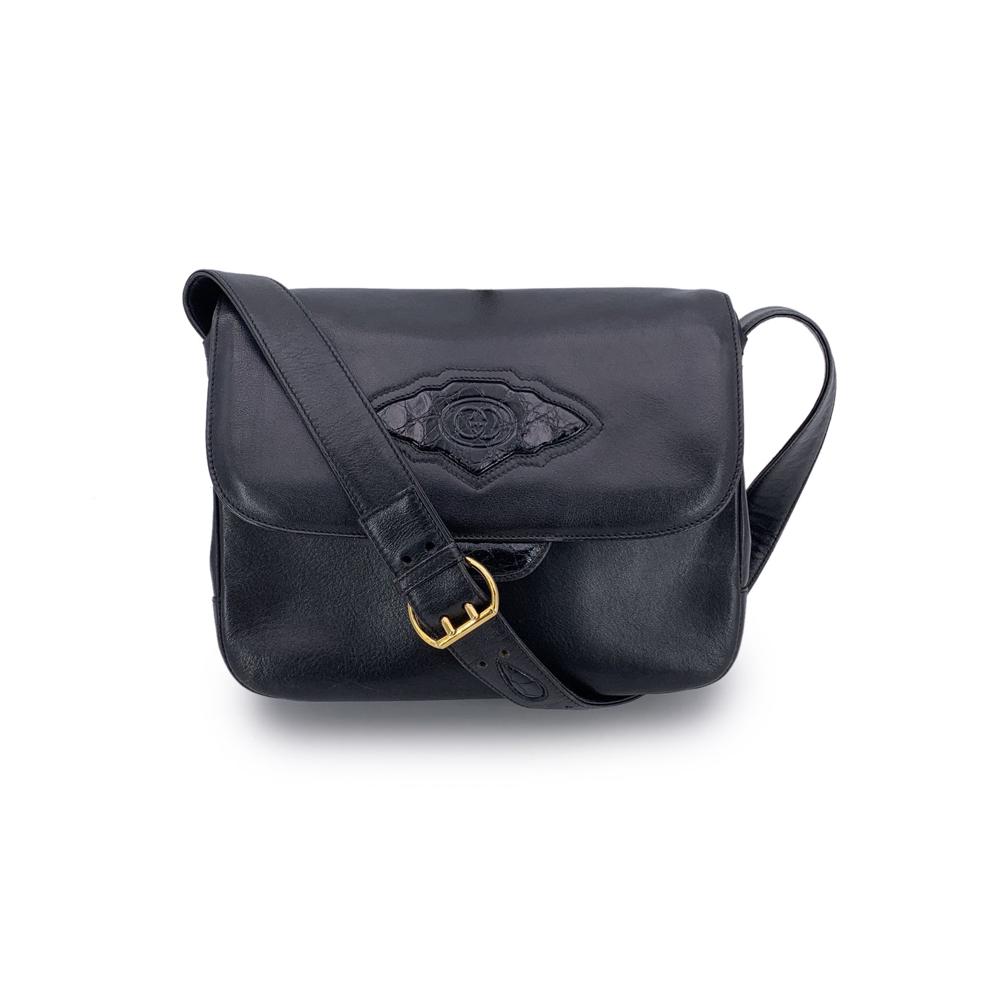 Gucci Vintage Black Leather Flap GG Logo Shoulder Bag
