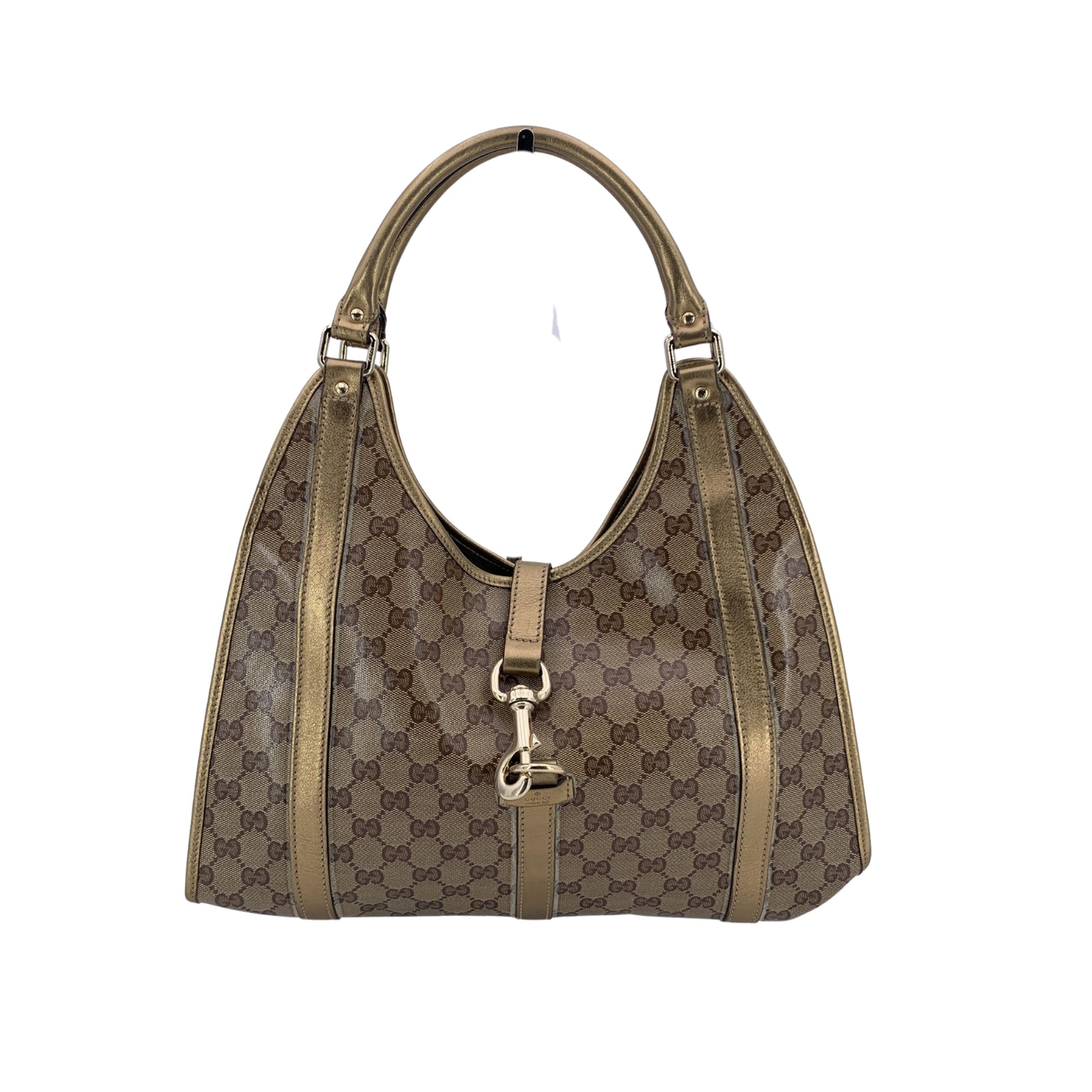 Gucci Gold Crystal GG Canvas Pushlock Bardot Hobo Bag