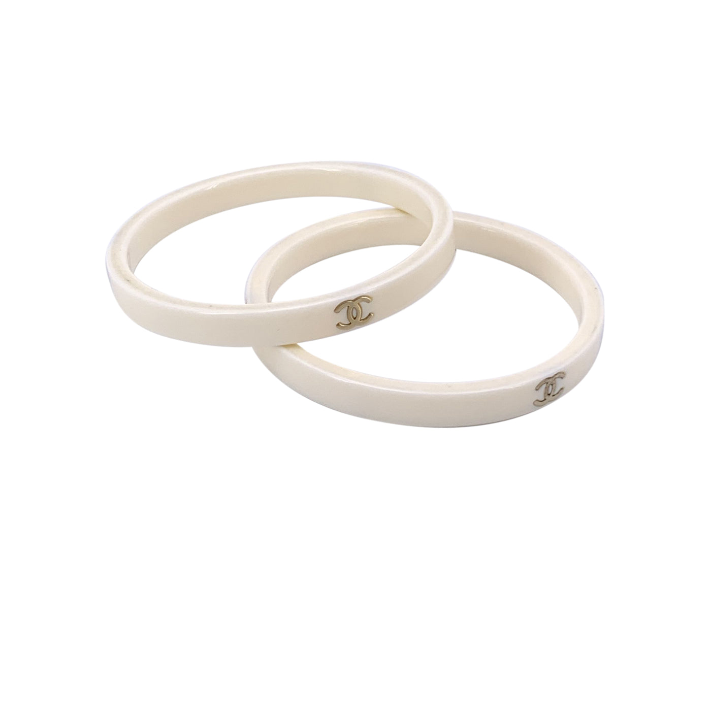 Chanel Vintage Set of 2 White Resin CC Logo Cuff Bangle Bracelet