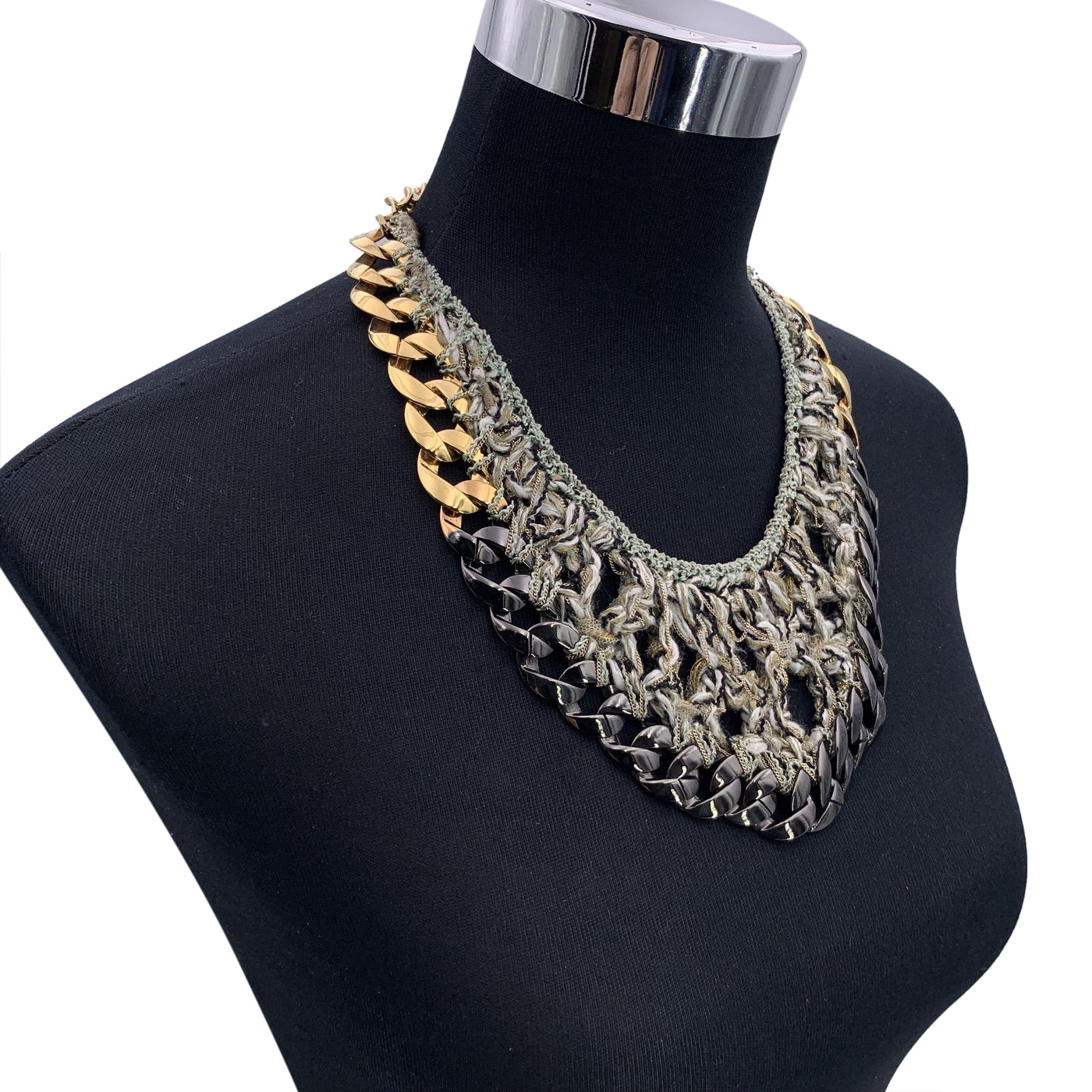 Chanel Gunmetal and Gold Metal Chain GreyTweed Bib Necklace