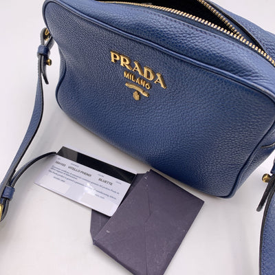 Prada Blue Vitello Phenix Leather Crossbody Messenger Camera Bag