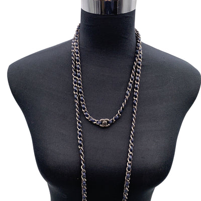 Chanel Gunmetal Blue Leather Chain Long Necklace CC Turnlock Logo