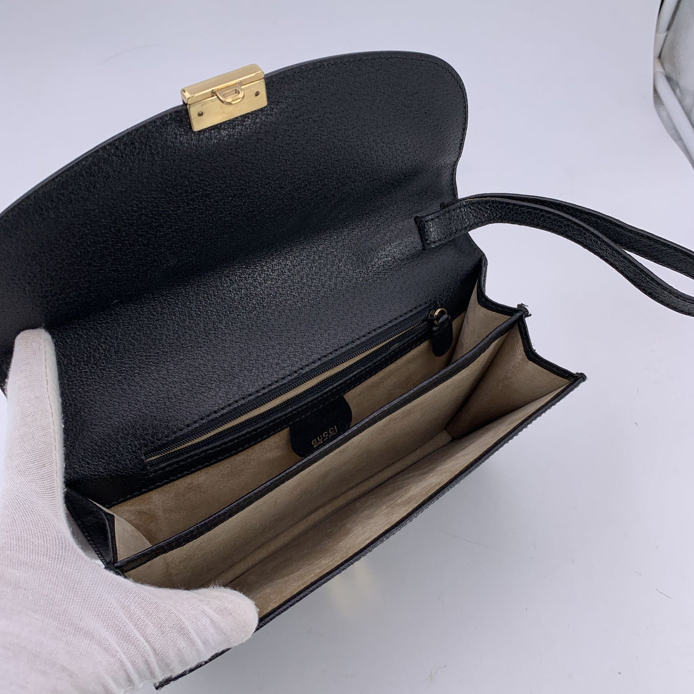 Gucci Vintage Black Leather Clutch Bag Wristlet Wrist Bag