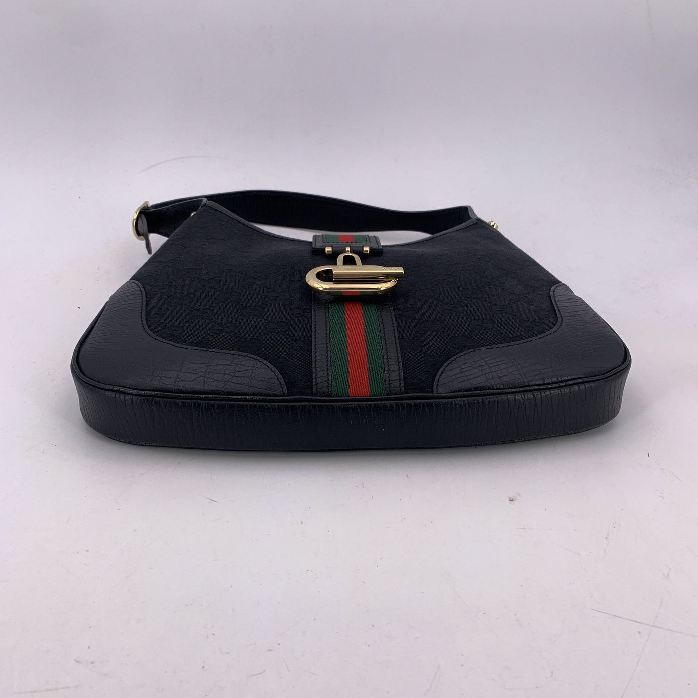 Gucci Black Monogram Canvas Leather Web Hobo Shoulder Bag