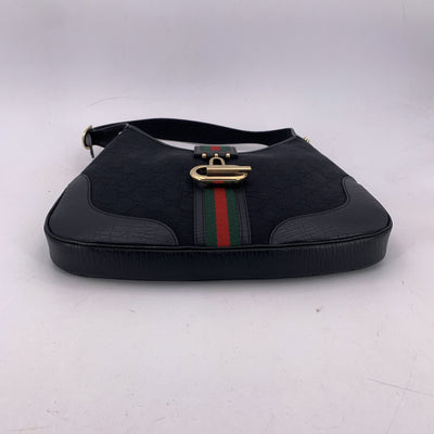 Gucci Black Monogram Canvas Leather Web Hobo Shoulder Bag