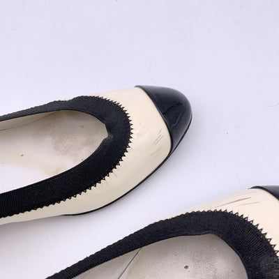 Chanel Black and White Patent Spirit Stretch Cap Toe Heel Pumps 40C