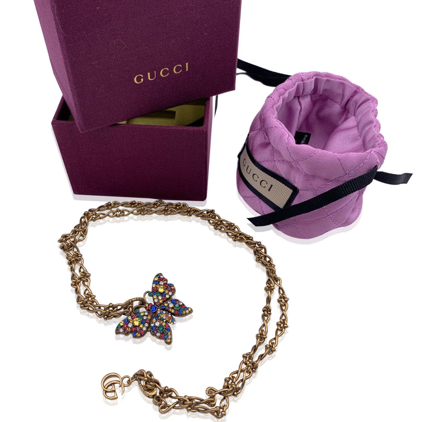 Gucci Aged Gold Metal Multicolor Crystal Butterfly Necklace