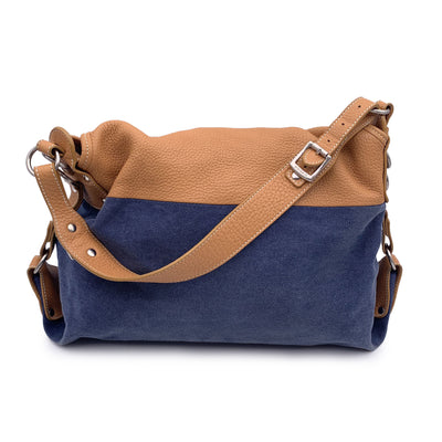 Hogan Blue Denim and Beige Leather Flap Shoulder Bag Tote