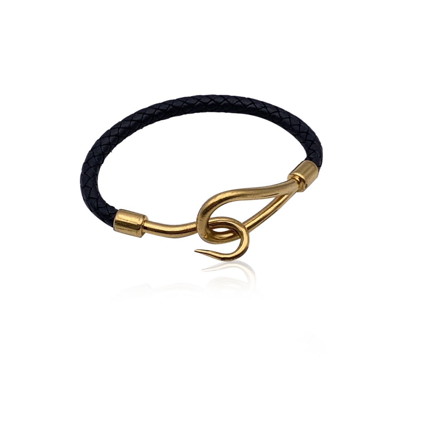 Hermes Black Woven Leather Gold Metal Jumbo Hook Bracelet