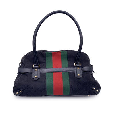 Gucci Black Monogram Canvas Striped Horsebit Satchel Bag