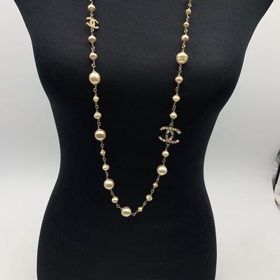 Chanel Light Gold Metal Long Necklace CC Logo Baroque Pearls Beads