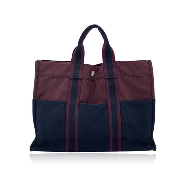 Hermes Paris Vintage Black Burgundy Canvas Fourre Tout MM Bag Tote