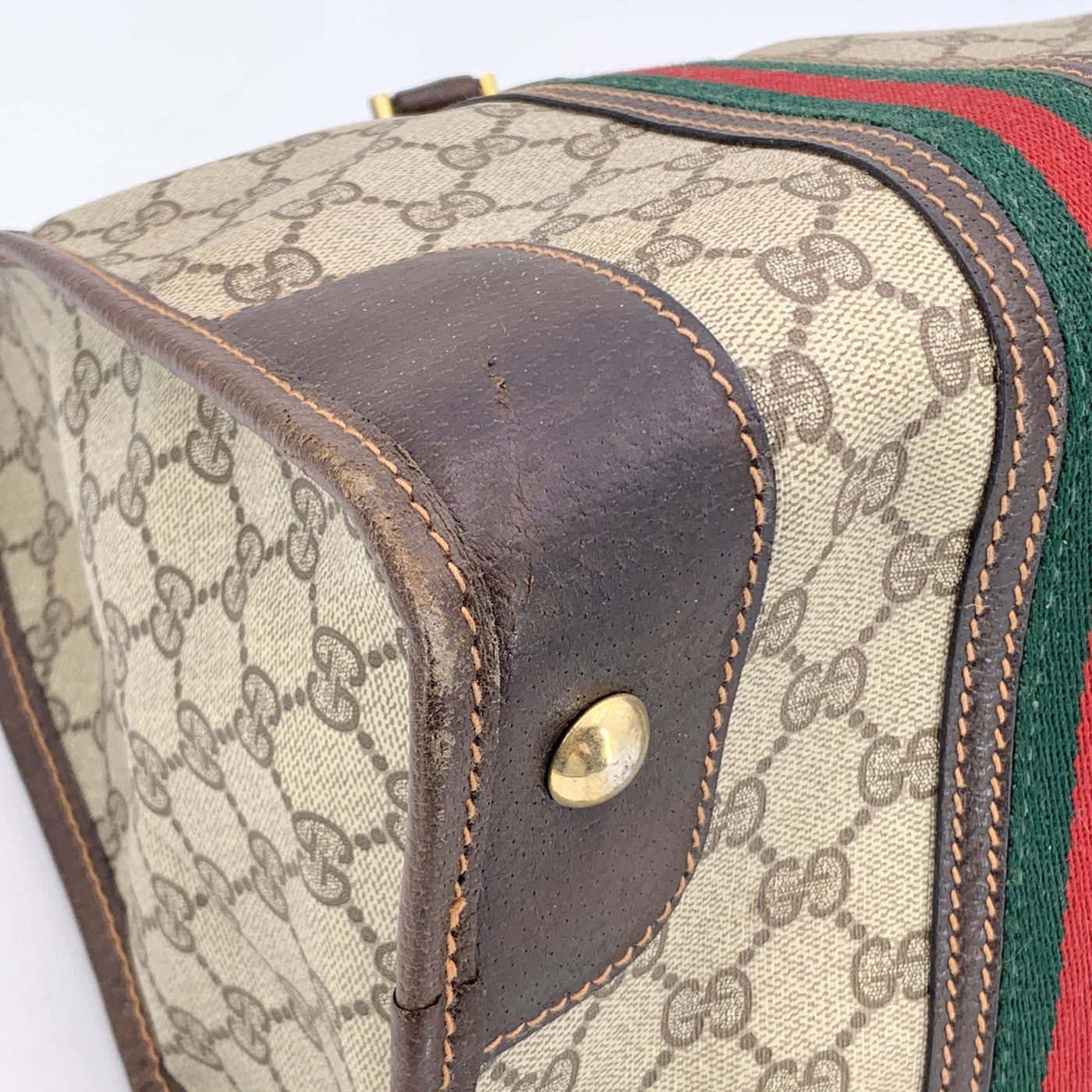 Gucci Vintage Brown Monogram Canvas Satchel Bag with Stripes