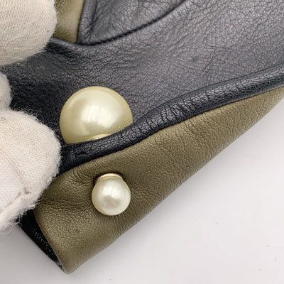 Christian Dior Green Black Leather Tribales Pearl Gloves Size 7.5