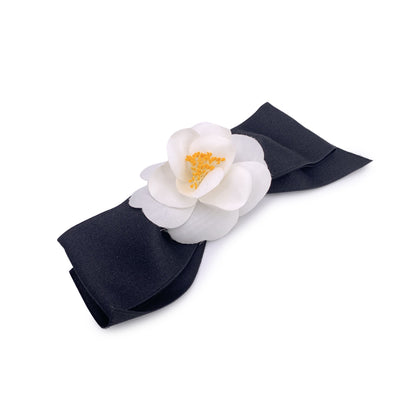 Chanel Vintage White Silk Black Satin Bow Camellia Camelia Brooch