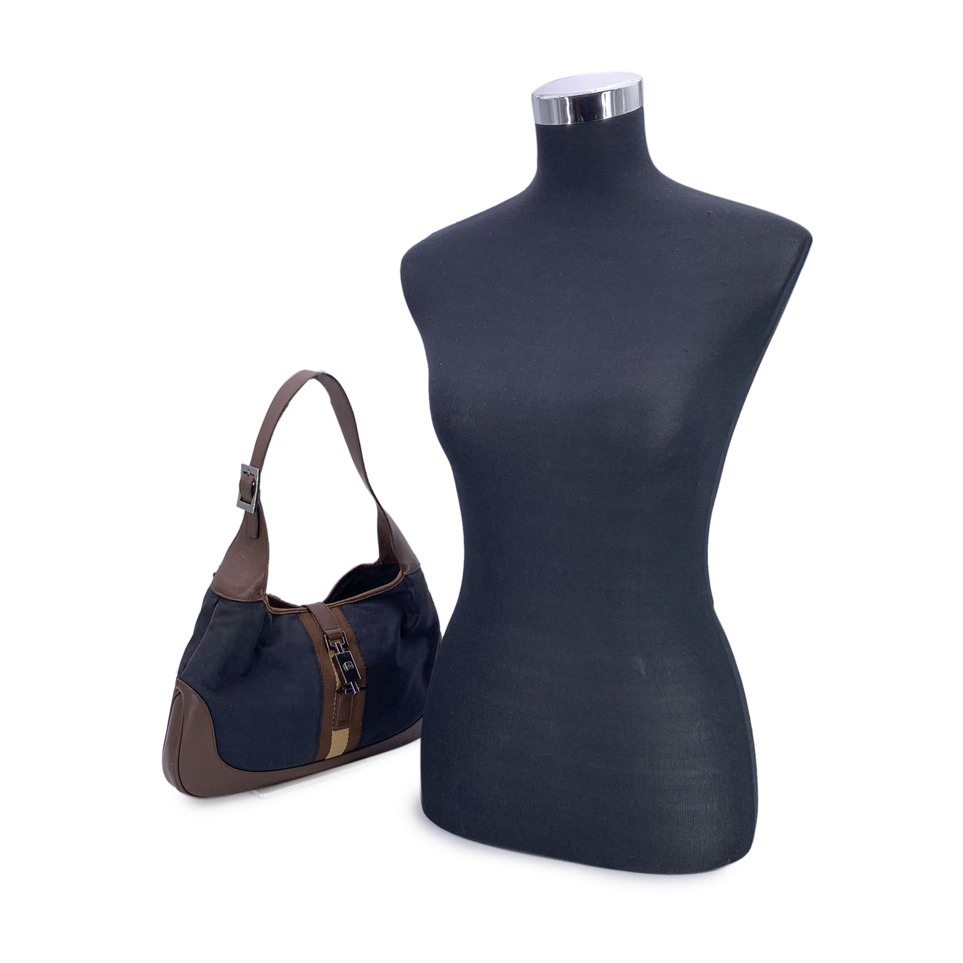 Gucci Black Canvas Brown Leather Jackie Hobo Bag Handbag