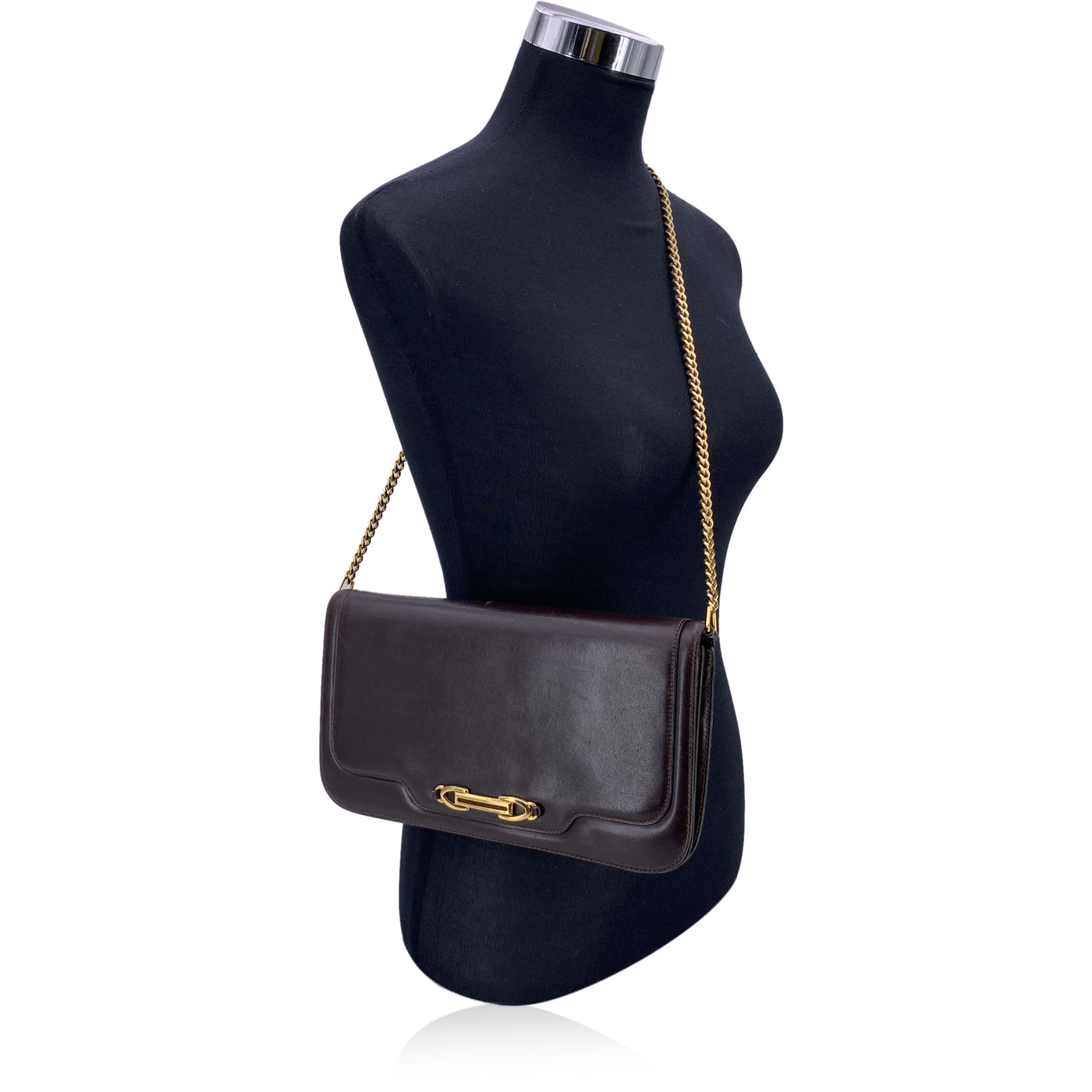 Gucci Vintage Brown Leather Convertible Shoulder Bag with Chain