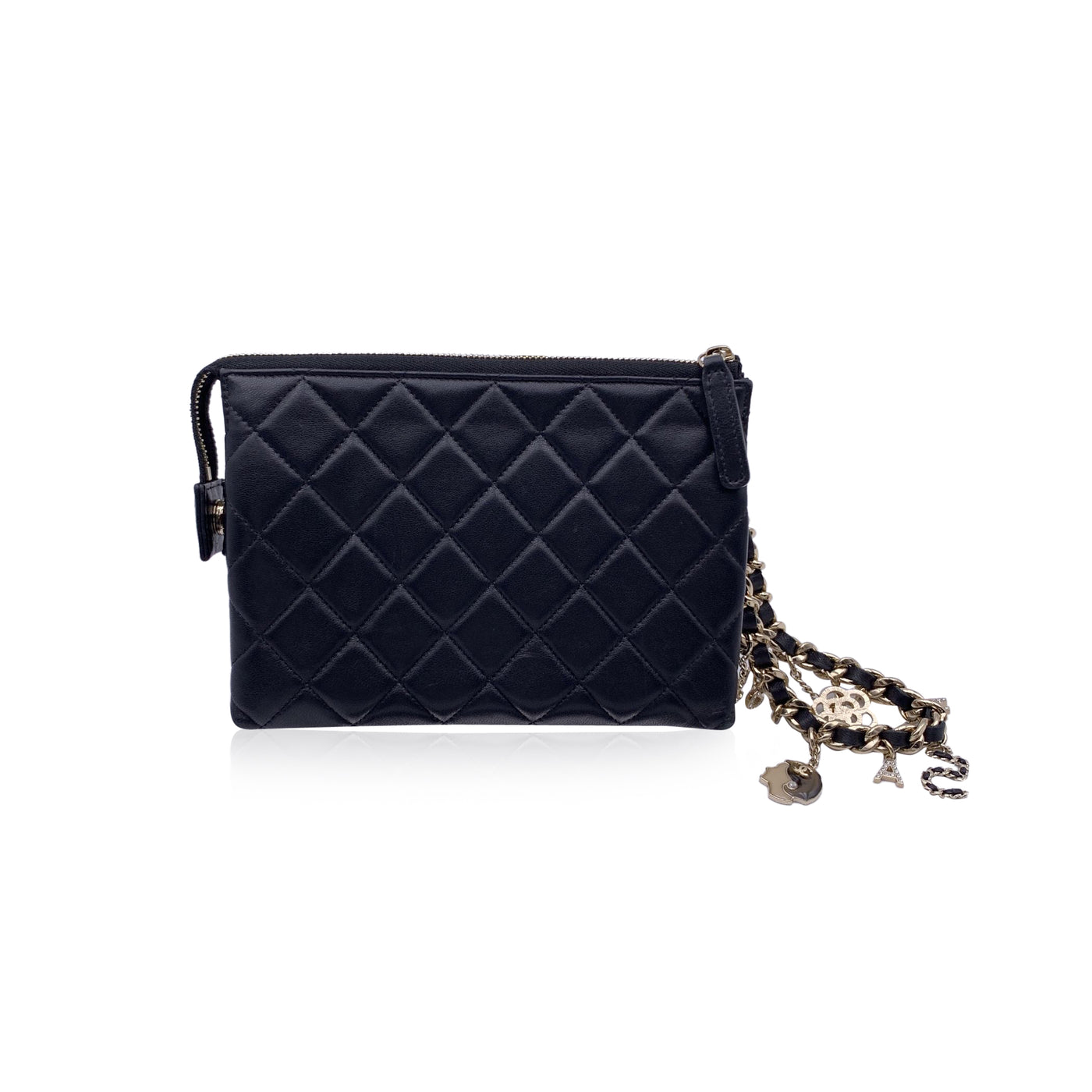 Chanel 2021 Black Quilted Leather Pouch Coco Charms Clutch Bag