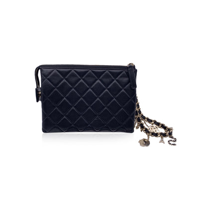 Chanel 2021 Black Quilted Leather Pouch Coco Charms Clutch Bag