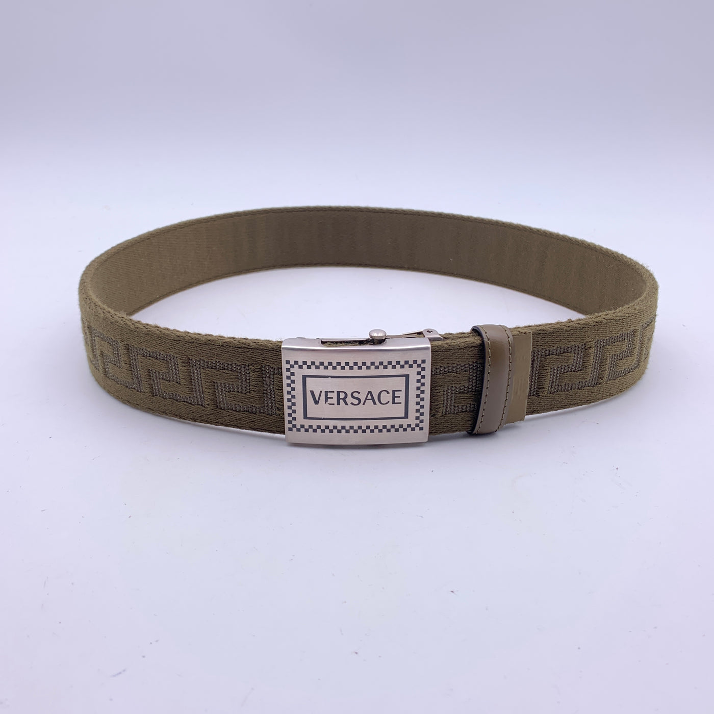 Versace Green Canvas Greek Pattern Unisex Adjustable Belt Size 80/32