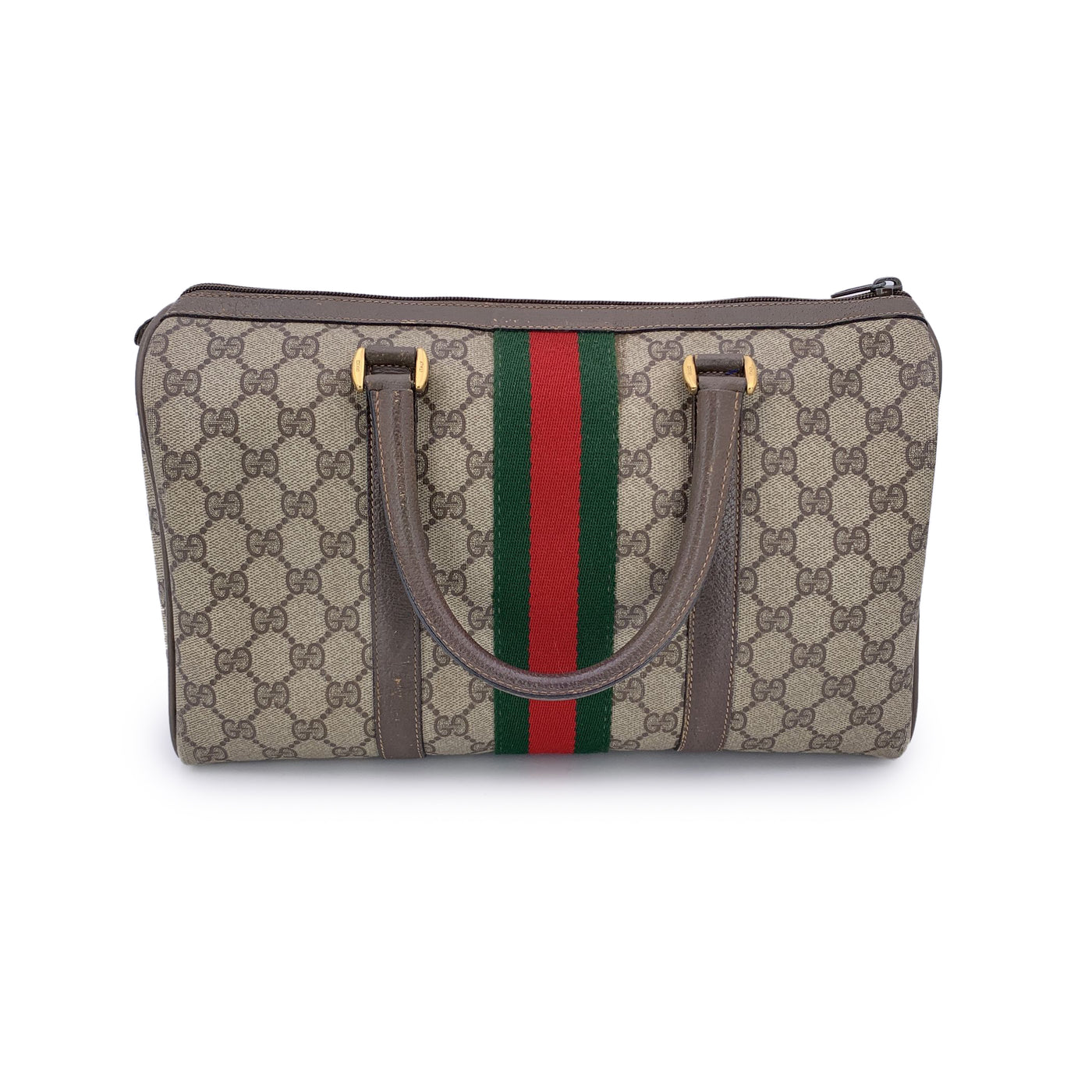 Gucci Vintage Brown Suede Web Stripes Boston Bag Handbag