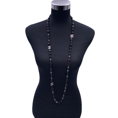 Chanel Gunmetal Long Necklace CC Logo Grey Pearls Black Beads