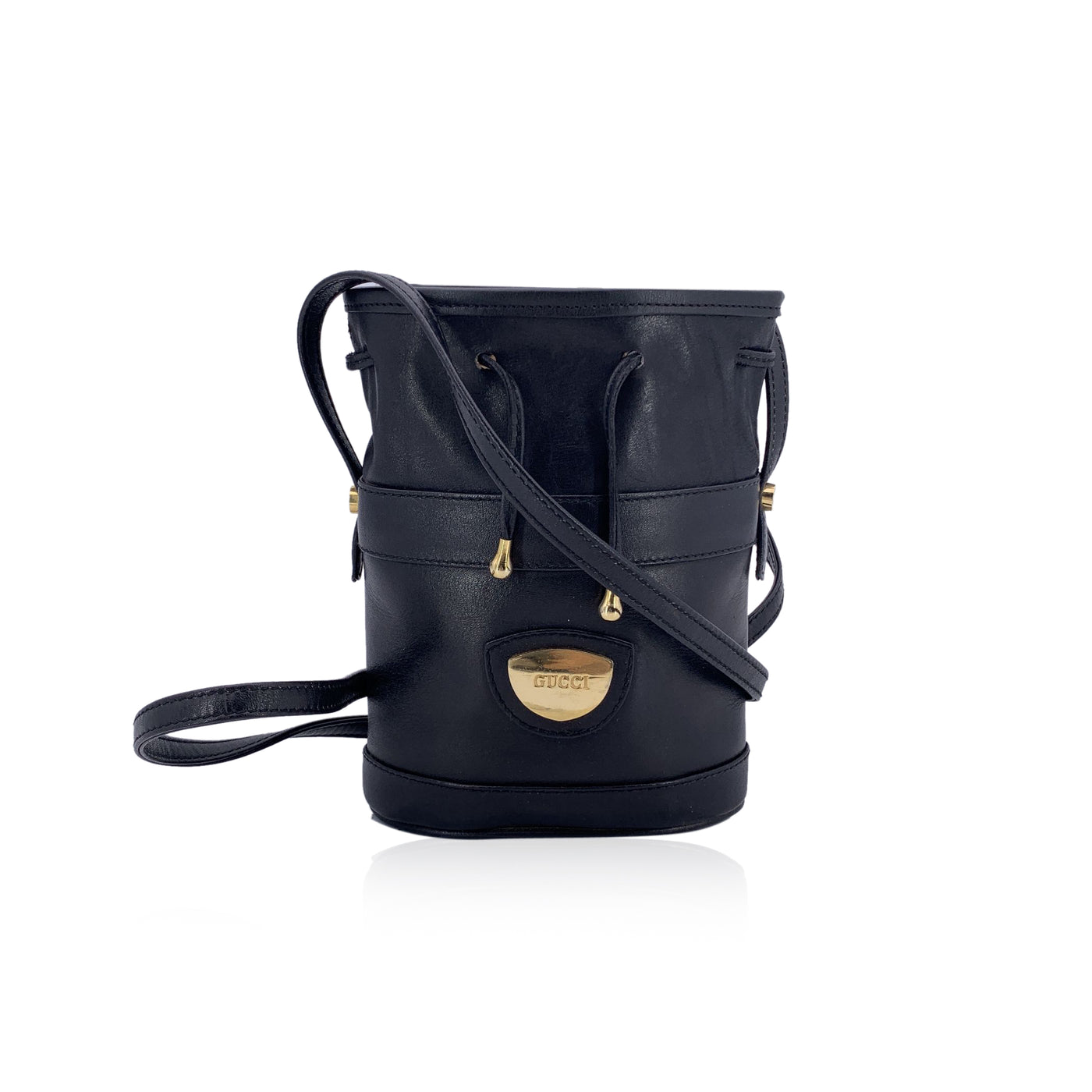 Gucci Vintage Black Leather Drawstring Mini Bucket Bag