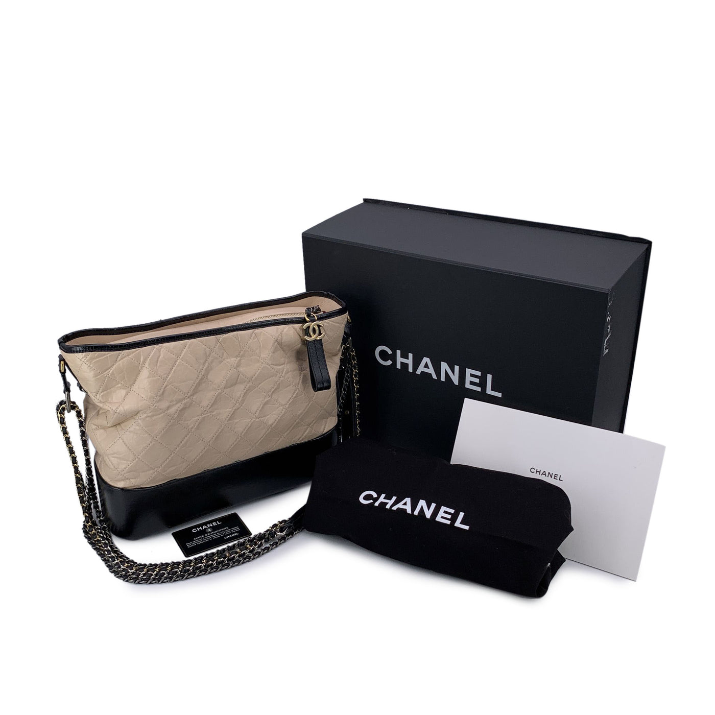 Chanel Beige Black Quilted Leather Gabrielle Large Shoulder Bag