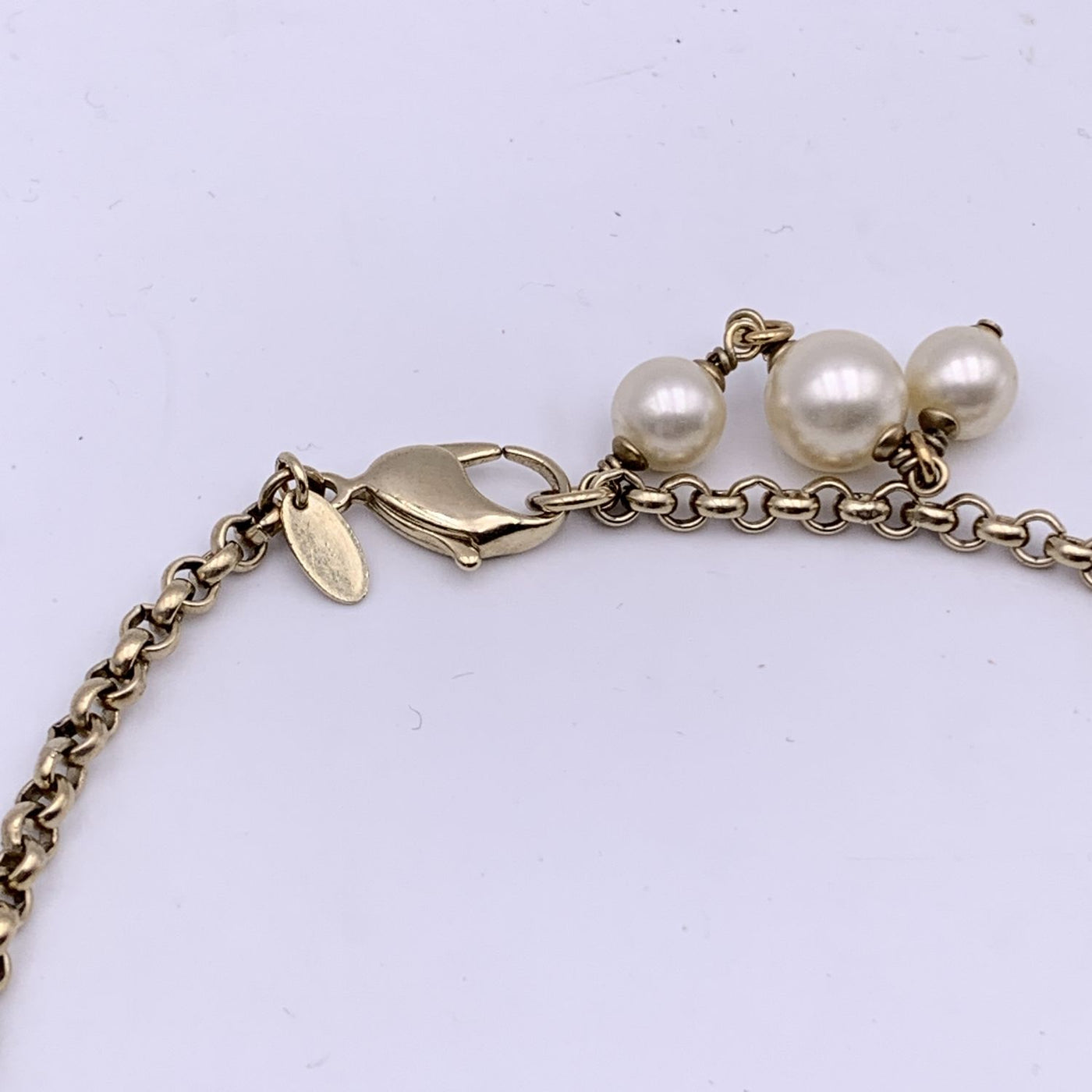 Chanel Light Gold Metal Chain Long Necklace CC Logo Pearls Beads