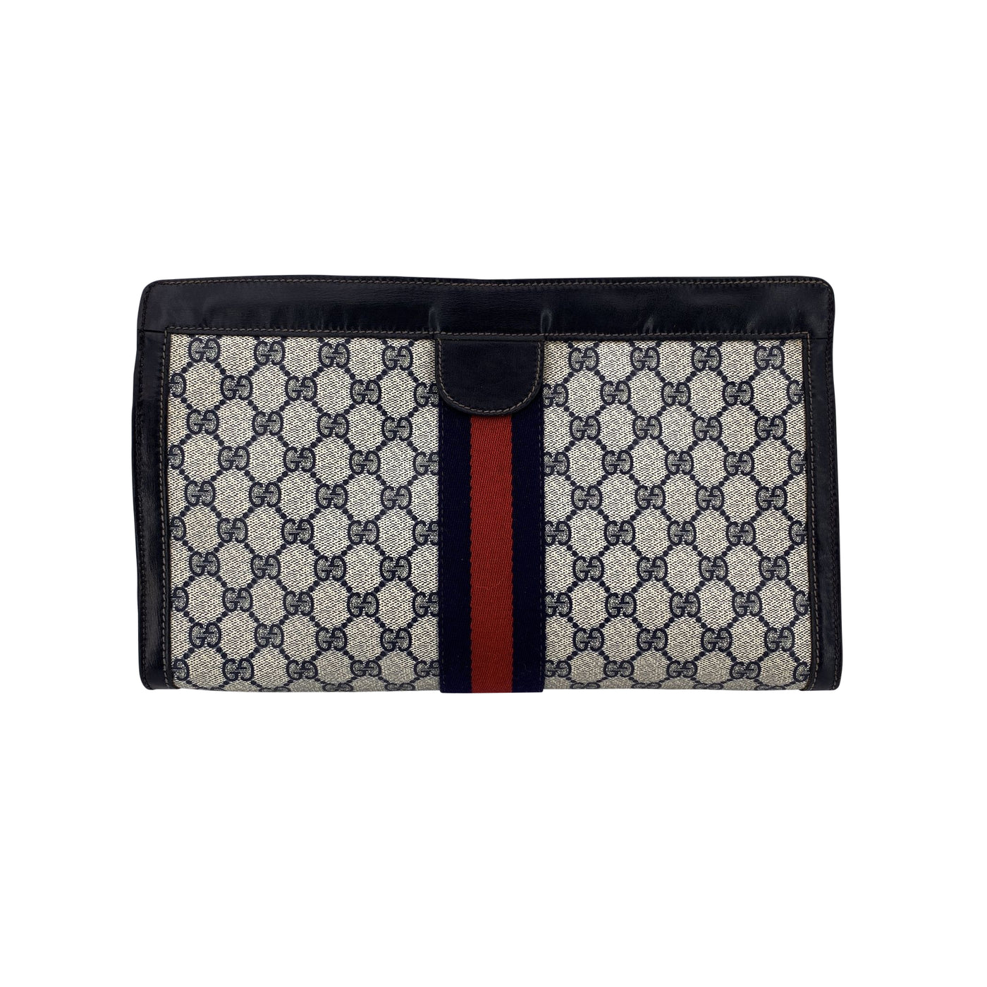 Gucci Vintage Blue Monogram Cosmetic Bag Large Clutch with Stripes