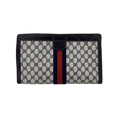Gucci Vintage Blue Monogram Cosmetic Bag Large Clutch with Stripes