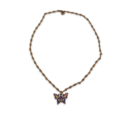 Gucci Aged Gold Metal Multicolor Crystal Butterfly Necklace