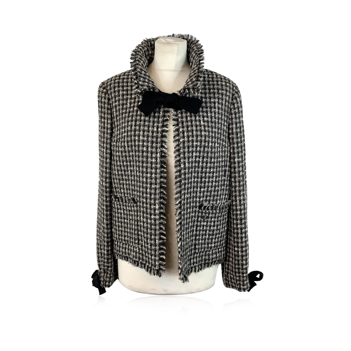 Chanel 2004 Black White Wool Tweed Jacket with Bows Size 42 FR